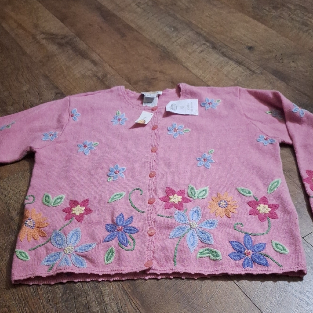 Talbots Floral Embroidered Pink Cardigan